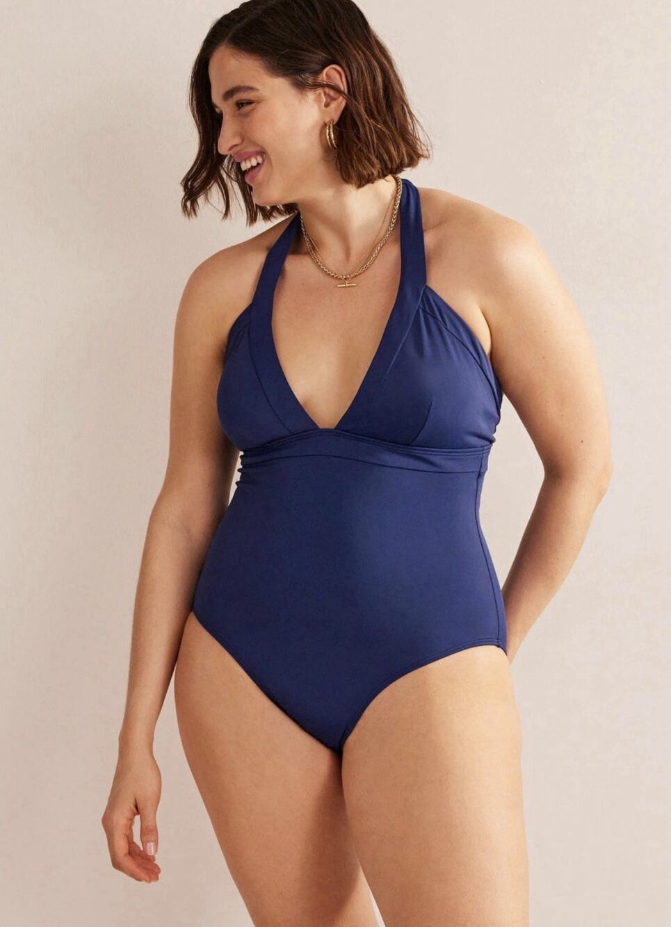 NWT Boden Ithaca Swimsuit Navy Blue Plus Size US 20-22L Padded Plunge Halter